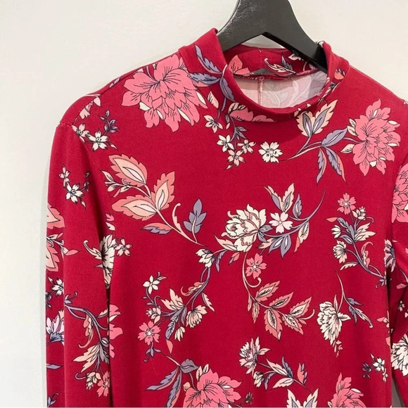 Rebel Sugar M Floral  Mock-Neck Long Sleeve Red Floral Print Dress with flare - Picture 4 of 17